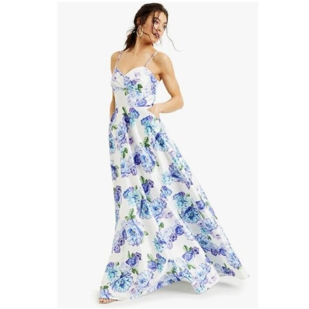 City Studios Junior Women 3 White Blue Floral Sparkle Dot V Neck Gown NWT BB22